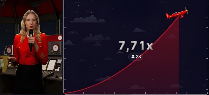 Hôtesse de Red Baron Live (Evolution) avec l’avion en montée et un multiplicateur de ×7,23